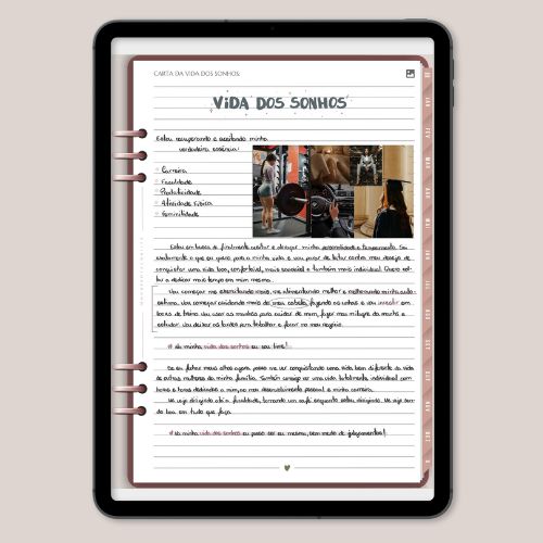 Carta da vida dos sonhos preenchida planner digital permanente rosa